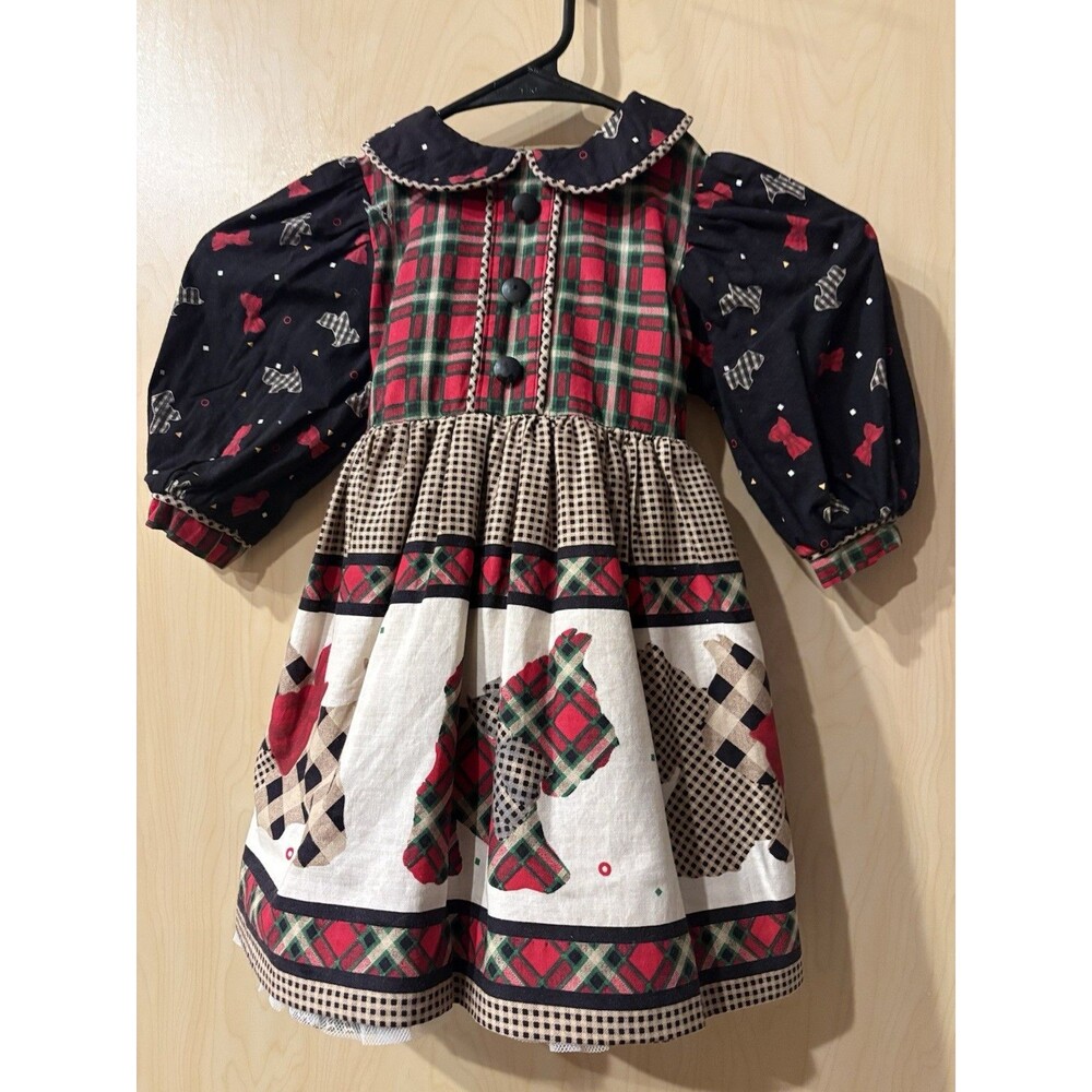 Vintage Girls Scottie Dog Christmas Plaid Dress Handmade 12-18M Toddler